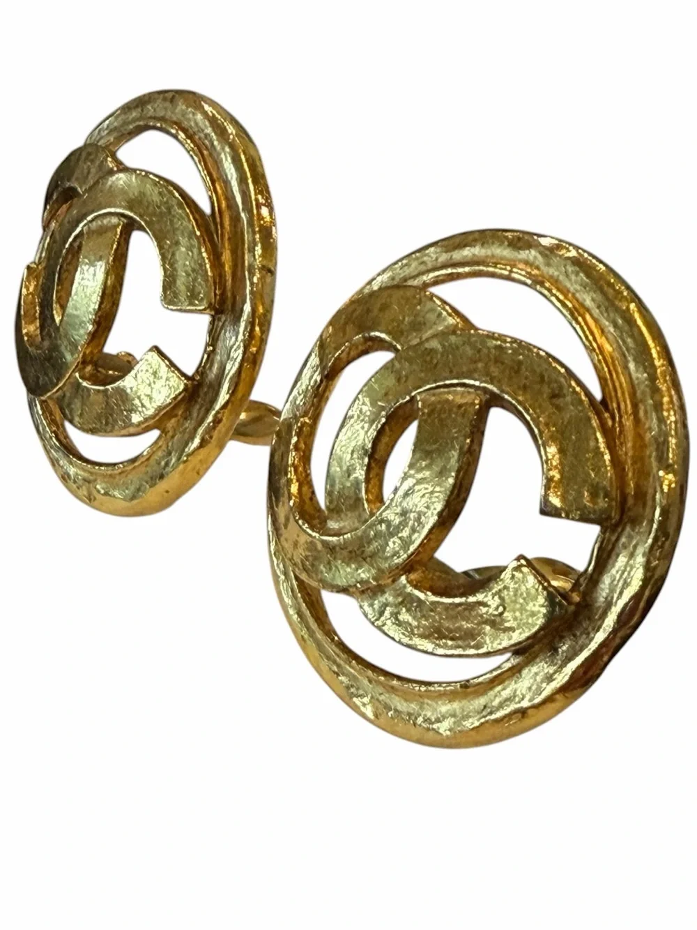 CHANEL Vintage Gold Plated Double C Round Clip-On Logo Earrings